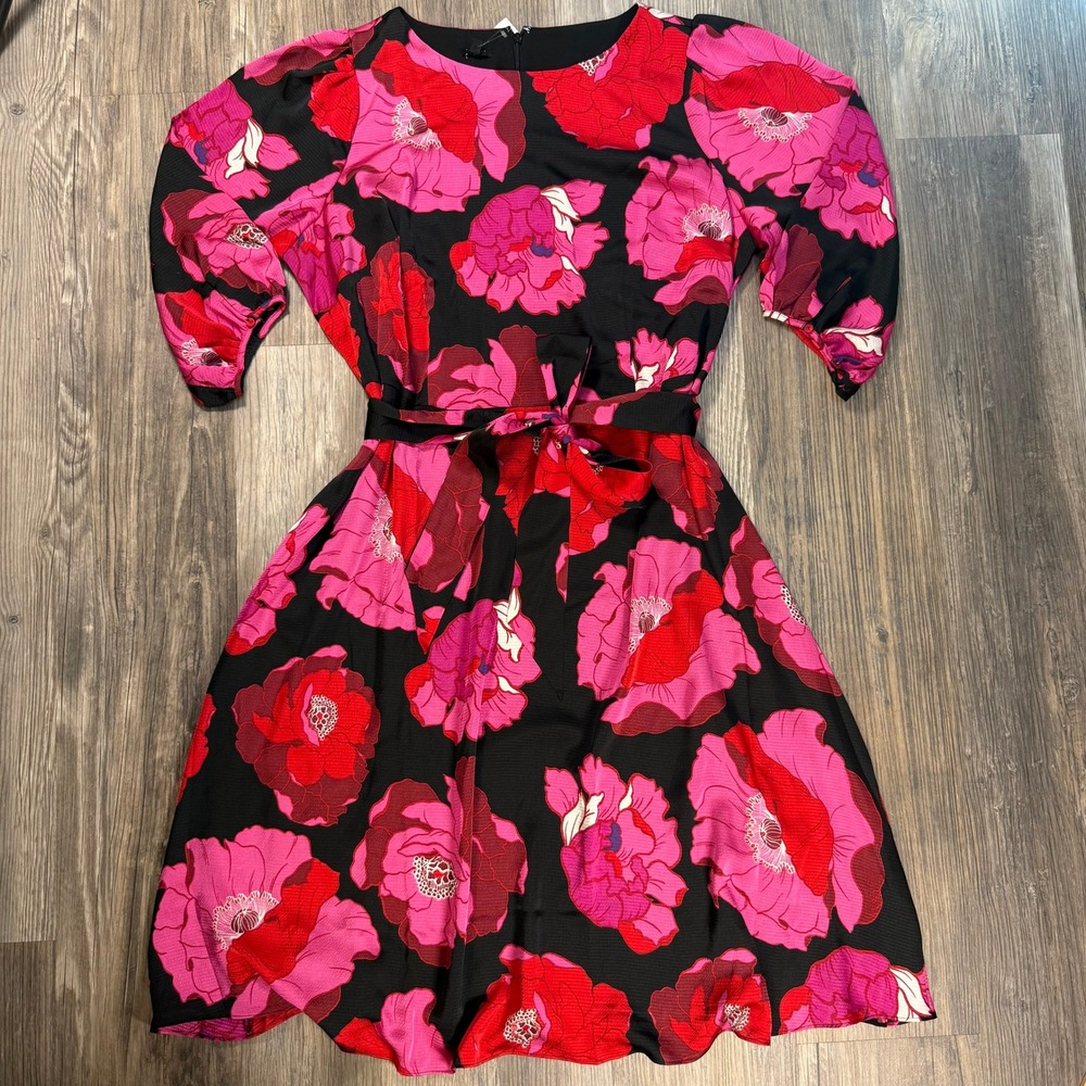 Talbots Pink Red Floral Fit Flare Puff Sleeve Belted Cocktail Dress Plus 20W NWT
